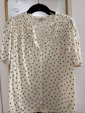 Boden Cream Button-Front Top with Green Polka Dots